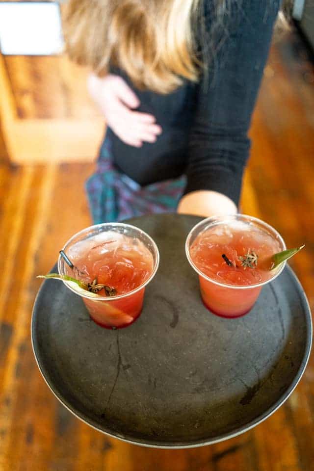 Two red cocktails with garnish