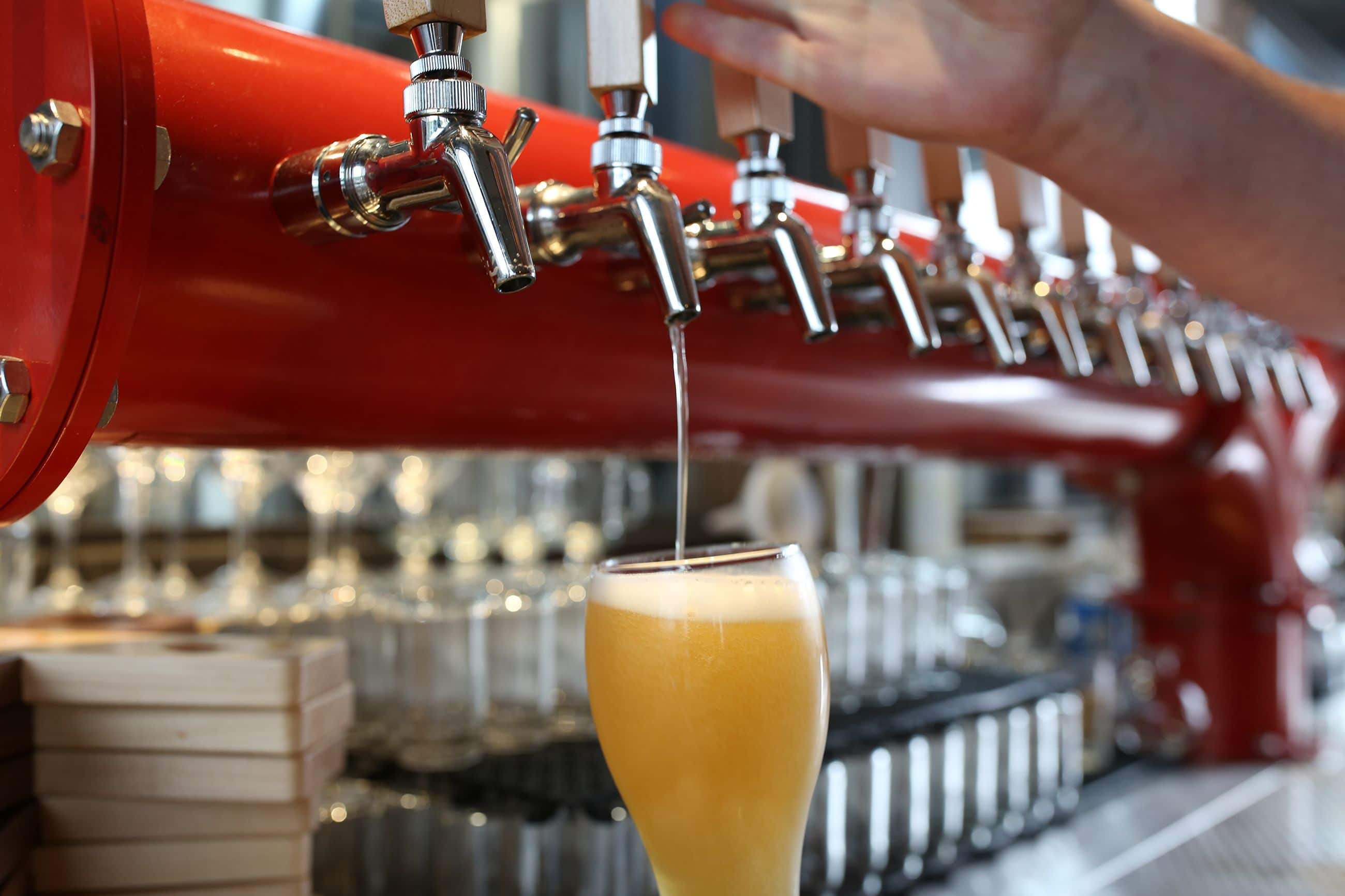 12 beer tap handle display with 1 type of beer being poured into a glass