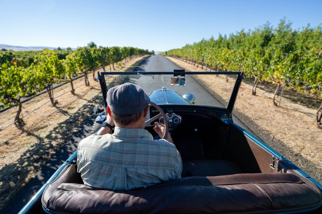 driving through vineyard in classic convertable