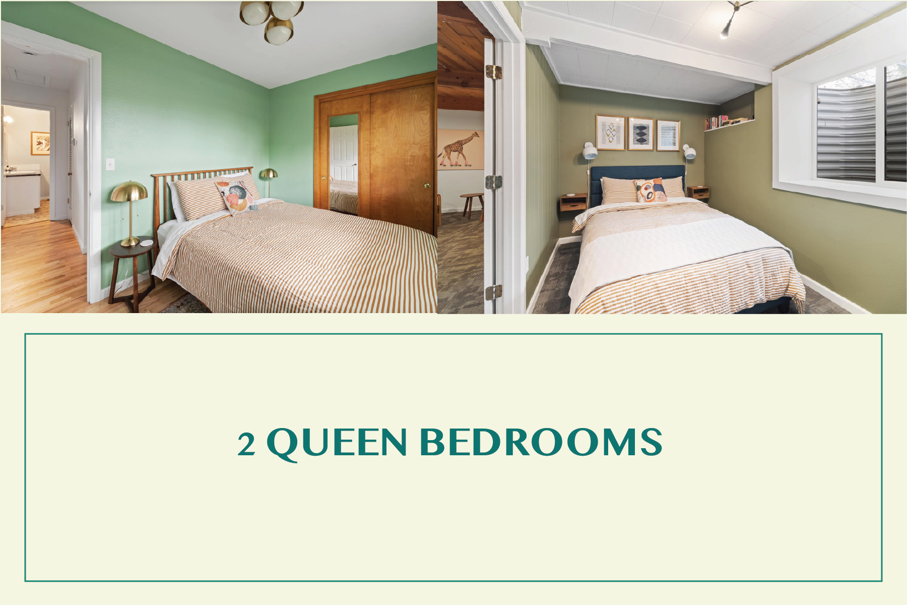 Two stylish queen bedrooms at The Marvy vacation rental in Walla Walla, featuring cozy decor and warm green accent walls