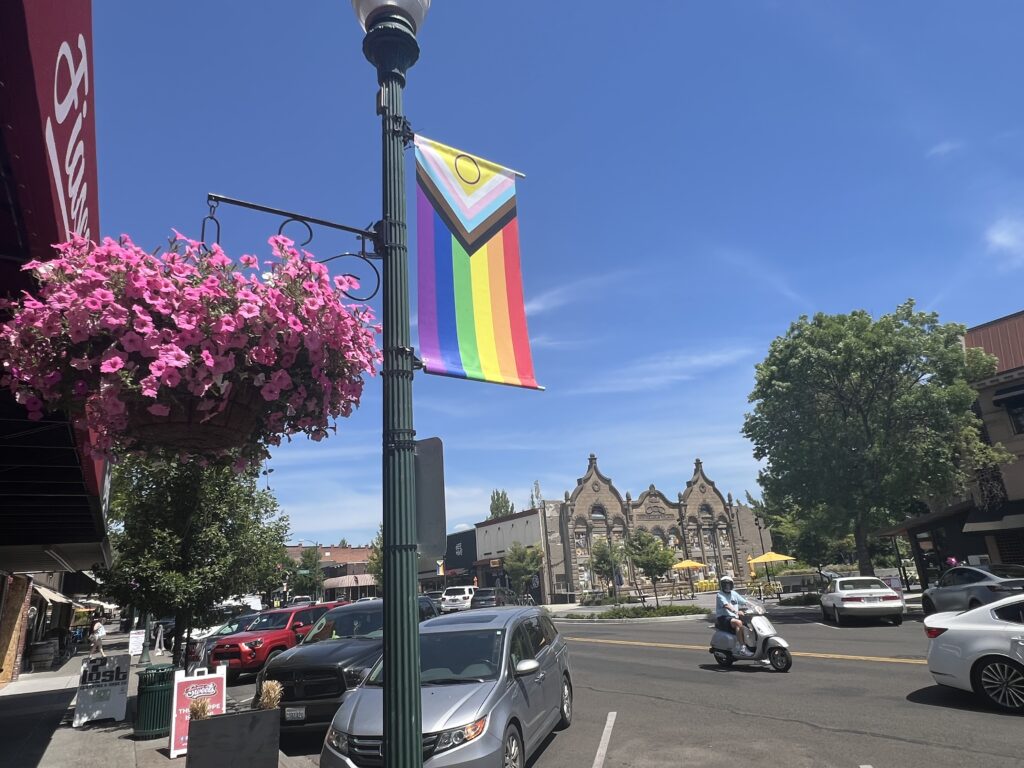 Downtown street view featuring parked cars, hanging pink flower basket, a Progress Pride flag, and historic-looking stone building in the background under a bright blue sky.